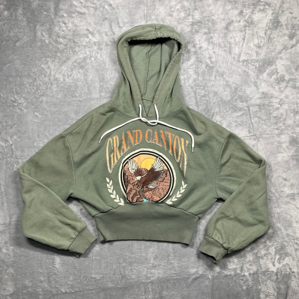 Zoe + Liv Grand Canyon Hoodie Womens XS Green Cropped Graphic Sweatshirt Retro